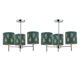 First Choice Lighting Set of 2 Brea - Chrome 3 Light Fittings with Dark Green Fern Shades in Silver