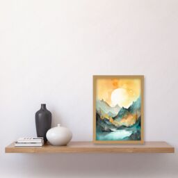 Artery8 Sun Rising Over Mountain Lakeside Landscape Modern Pastel Teal & Orange Watercolour Painting Artwork Framed Wall Art Print A4 in Light Oak - thumbnail 2