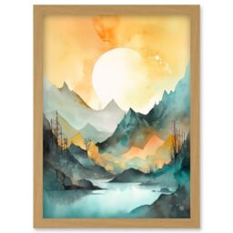 Artery8 Sun Rising Over Mountain Lakeside Landscape Modern Pastel Teal & Orange Watercolour Painting Artwork Framed Wall Art Print A4 in Light Oak