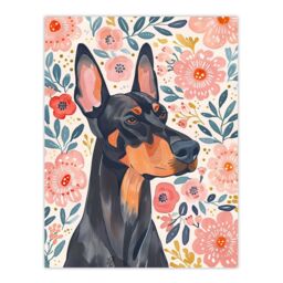 "Artery8 Dog Lover Doberman Portrait Pink Floral Folk Art Wall Art Print - Size: W24"" x H32""" - thumbnail 1