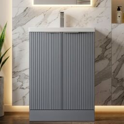 Balterley Fluted Front Floor Standing 2 Door Vanity Basin Unit 600mm, Satin Grey - thumbnail 8