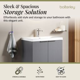Balterley Fluted Front Floor Standing 2 Door Vanity Basin Unit 600mm, Satin Grey - thumbnail 2