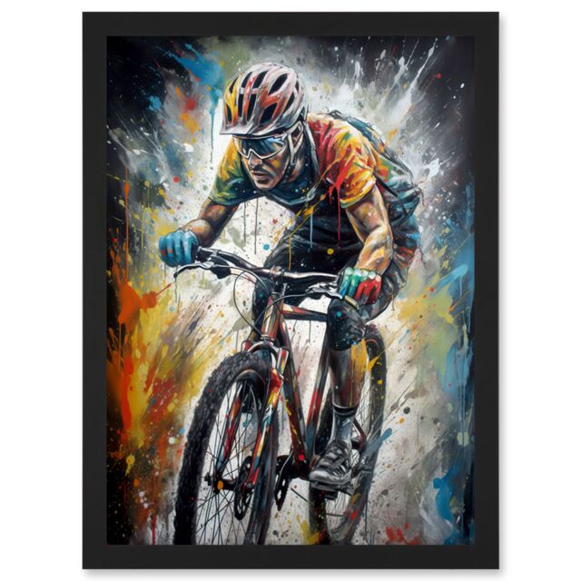 Artery8 Bike Rider Racing Paint Splat Sport Bicycle Race Artwork Framed Wall Art Print A4 in Black - image 1
