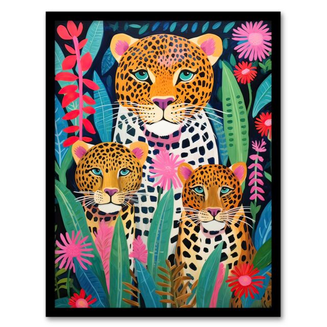 Artery8 Wall Art Print Leopard Family Vibrant Oil Painting Orange Pink Green Floral Jungle Wildlife Kids Bedroom Artwork Framed - Size: A4 - image 1