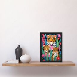 Artery8 Wall Art Print Leopard Family Vibrant Oil Painting Orange Pink Green Floral Jungle Wildlife Kids Bedroom Artwork Framed - Size: A4 - thumbnail 4