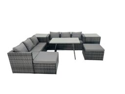 Fimous Rattan Dining Table Sofa Set with 2 Side Tables Big Footstools Outdoor in Dark Grey - thumbnail 2