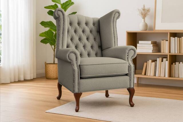 Somnior Chesterfield Queen Anne Scrolled Arm Chair Sherpa Fabric in Stone - Size: 1 Seater - image 1