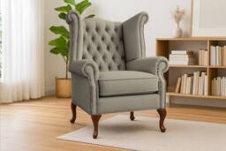 Somnior Chesterfield Queen Anne Scrolled Arm Chair Sherpa Fabric in Stone - Size: 1 Seater - thumbnail 1