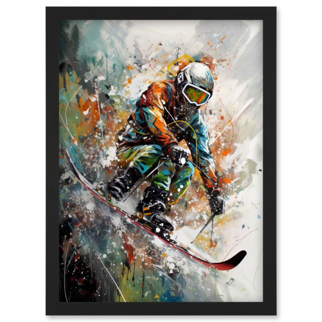 Artery8 Skier Skiing Winter Sport Paint Splat Painting Artwork Framed Wall Art Print A4 in Black - image 1