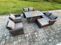 Fimous Wicker PE Rattan Garden Furniture Sets 7 Seater Patio Outdoor Gas Firepit Dining Table Heater Set with Double Seat Sofa in Dark Grey - thumbnail 1