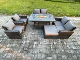 Fimous Wicker PE Rattan Garden Furniture Sets 7 Seater Patio Outdoor Gas Firepit Dining Table Heater Set with Double Seat Sofa in Dark Grey - thumbnail 2