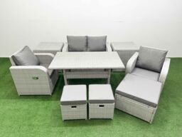 Fimous Light Grey PE Wicker Rattan Garden Furniture Set Sofa Set Reclining Chair Rectangular Dining Table 7 Seater 3 Stools 2 Side Table - thumbnail 2