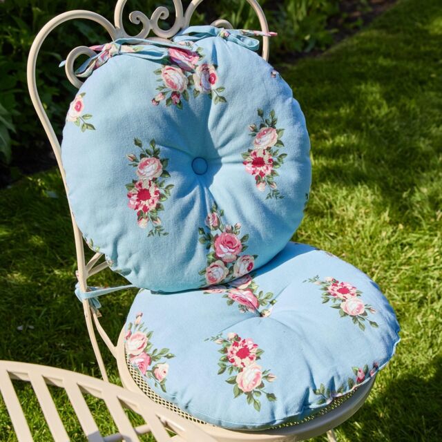Set of 2 Vintage Rose Blue Round Garden Cushion Chair Seat Pads