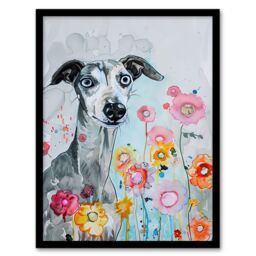 "Artery8 Dog Lover Whippet with Spring Flowers Watercolour Framed Wall Art in Blue - Size: W12"" x H16""" - thumbnail 1