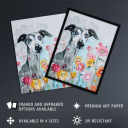 "Artery8 Dog Lover Whippet with Spring Flowers Watercolour Framed Wall Art in Blue - Size: W12"" x H16""" - thumbnail 2