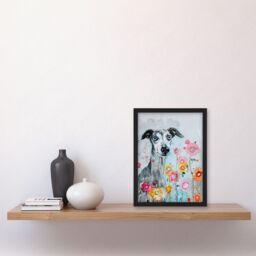 "Artery8 Dog Lover Whippet with Spring Flowers Watercolour Framed Wall Art in Blue - Size: W12"" x H16""" - thumbnail 4