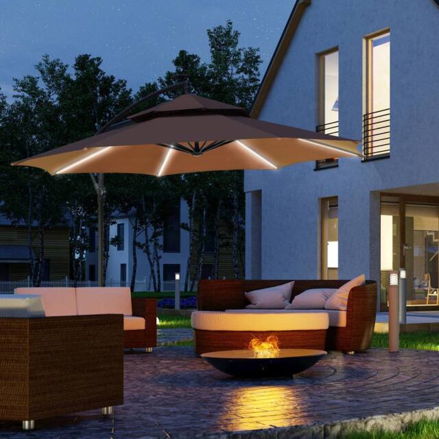 OUTSUNNY 3(m) Cantilever Parasol Hanging Banana Umbrella w/ lights in Brown - image 1