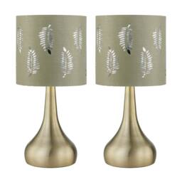 First Choice Lighting Set of 2 Romana - Antique Brass Touch Lamps with Sage Green Fern in Gold