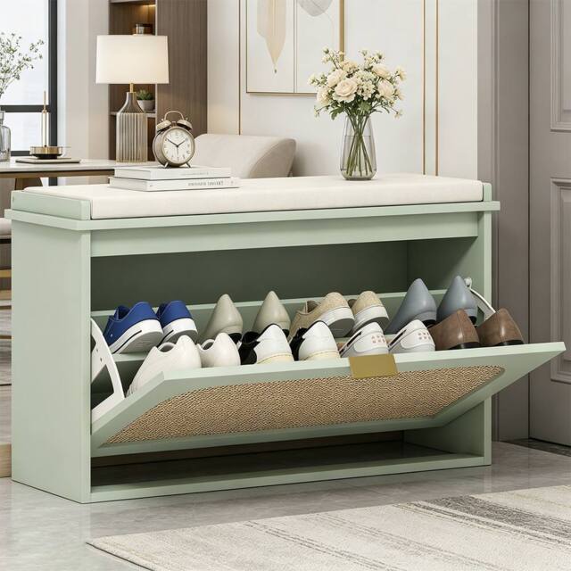 ERGOVEXA Boho Shoe Storage Bench with Padded Seat & Flip Drawer, Light Green in Brown - image 1