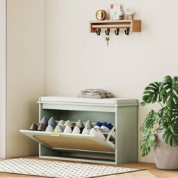 ERGOVEXA Boho Shoe Storage Bench with Padded Seat & Flip Drawer, Light Green in Brown - thumbnail 3