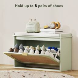 ERGOVEXA Boho Shoe Storage Bench with Padded Seat & Flip Drawer, Light Green in Brown - thumbnail 8