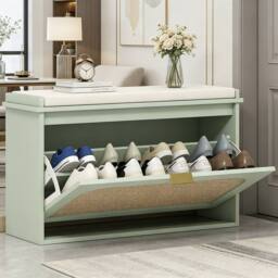 ERGOVEXA Boho Shoe Storage Bench with Padded Seat & Flip Drawer, Light Green in Brown - thumbnail 1