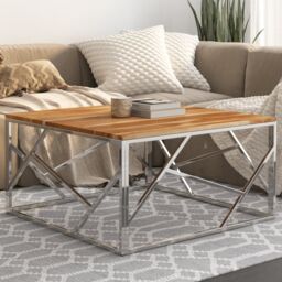 Berkfield Home Coffee Table Silver Stainless Steel & Solid Acacia Wood - thumbnail 1