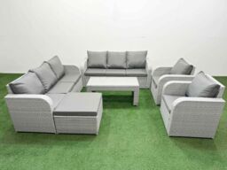 Fimous PE Rattan High Back Lounge Sofa Set Patio Oblong Coffee Table & Chairs Set with 3 Seater Sofa Reclining Chair Big Footstool Light Grey - thumbnail 2