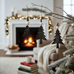 Red Hamper Set of 3 Hanging Glitter Christmas Tree Wicker Decorations in Brown - thumbnail 2