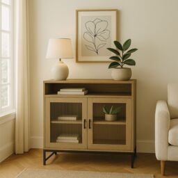 Melody Maison Two Door Reeded Glass Display Cabinet - Hesley Nordic Wood Range in Brown - thumbnail 3