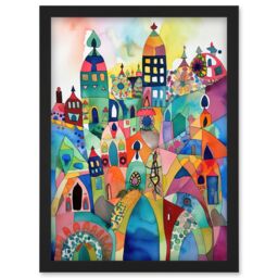 Artery8 Cityscape Abstract Folk Art Vibrant Multicoloured Watercolour Painting Artwork Framed Wall Art Print A4 in Black - thumbnail 1