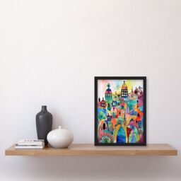 Artery8 Cityscape Abstract Folk Art Vibrant Multicoloured Watercolour Painting Artwork Framed Wall Art Print A4 in Black - thumbnail 2