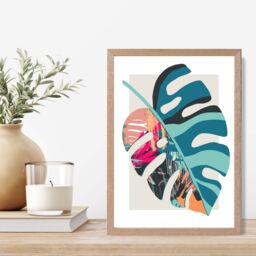 ARTZE Monstera Blue & Pink Boho Botanical Framed Print SIZE: A4 with Oak Frame in Mid Blue - thumbnail 2