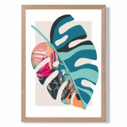 ARTZE Monstera Blue & Pink Boho Botanical Framed Print SIZE: A4 with Oak Frame in Mid Blue - thumbnail 1