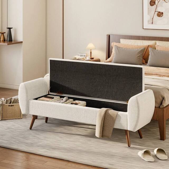 EONLION 151cm Linen Ottoman Storage Box Pouffe Seat Stool in Beige - Size: 100 cm - image 1