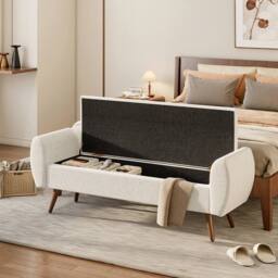 EONLION 151cm Linen Ottoman Storage Box Pouffe Seat Stool in Beige - Size: 100 cm