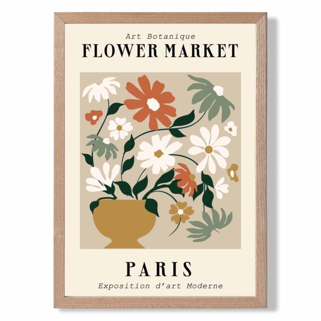 ARTZE Paris Beige & Green Flower Market Exhibition Framed Print SIZE: A3 with Oak Frame - Size: A4 - image 1