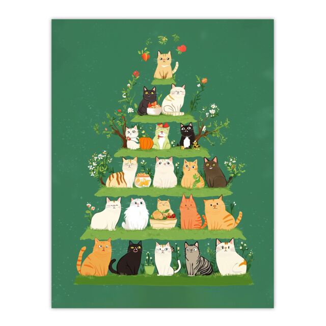 "Artery8 Cat Lover Pet Breed Pyramid Cute Cartoon Style Wall Art Print in Green - Size: W24"" x H32""" - image 1