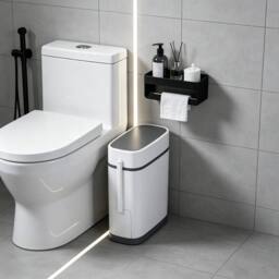 Kelvenix Slim Bathroom Trash Can with Hidden Toilet Brush Set in White - Size: 0.6m2 - thumbnail 3