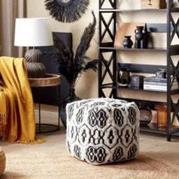 Wyld and Coco Boho Wool-Cotton Pouffe 45 x 45 cm Black and White - thumbnail 1