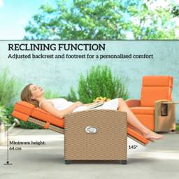 OUTSUNNY Rattan Garden Recliner Sun Lounger w/ Flip Table, Khaki/Orange in Orange - thumbnail 4