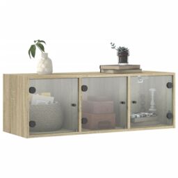 Berkfield Home Wall Cabinet with Glass Doors Sonoma Oak 102x37x35 cm in Brown - Size: 102 x 37 x 35 cm - thumbnail 4