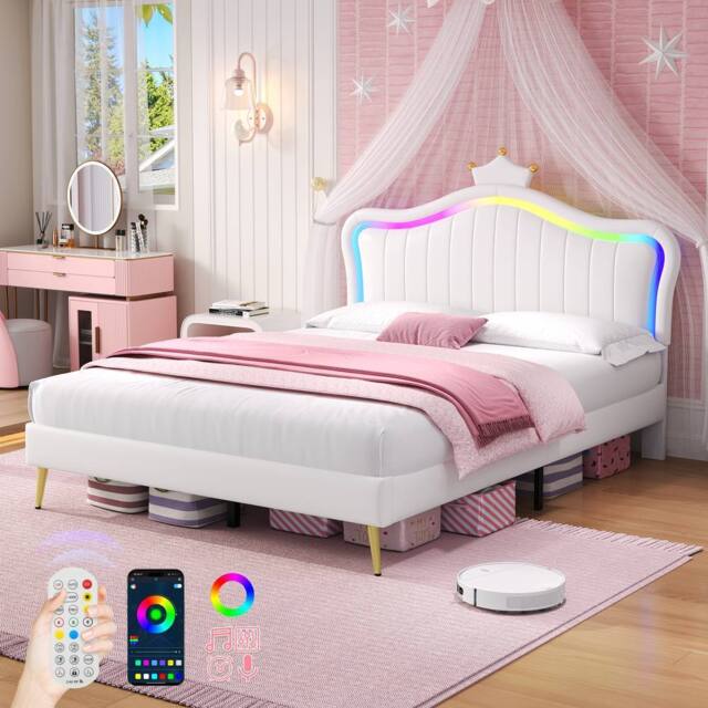 ModernLuxe Upholstered double bed with adjustable LED crown headboard in White - image 1
