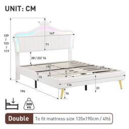ModernLuxe Upholstered double bed with adjustable LED crown headboard in White - thumbnail 8