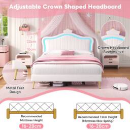 ModernLuxe Upholstered double bed with adjustable LED crown headboard in White - thumbnail 5