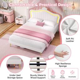 ModernLuxe Upholstered double bed with adjustable LED crown headboard in White - thumbnail 7