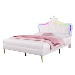 ModernLuxe Upholstered double bed with adjustable LED crown headboard in White - thumbnail 9