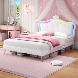 ModernLuxe Upholstered double bed with adjustable LED crown headboard in White - thumbnail 4