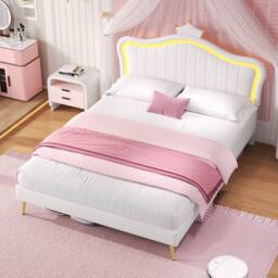 ModernLuxe Upholstered double bed with adjustable LED crown headboard in White - thumbnail 3