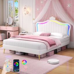 ModernLuxe Upholstered double bed with adjustable LED crown headboard in White - thumbnail 1